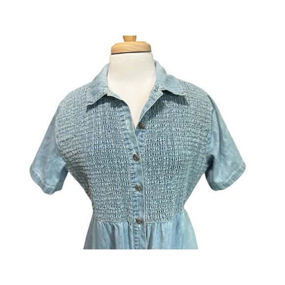 Vintage Farmhouse Cottagecore Denim Midi Dress Button Front Grid Pleat sz 12 - Picture 2 of 6